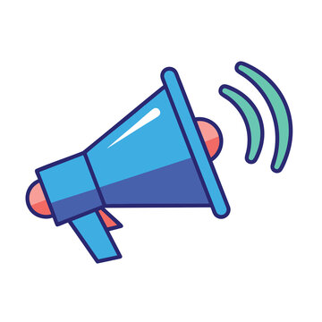 Cartoon style blue megaphone icon representing communication and announcements.