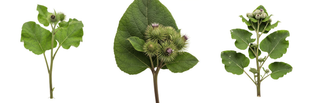 Burdock plant, Arctium lappa, Asteraceae family, medicinal biennial broadleaf weed profile, large wavy ovate basal leaves stout taproot structure, botanical specimen architectural tracking layout map