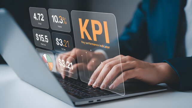 Businessperson analyzing key performance indicators on a laptop with transparent screen overlay