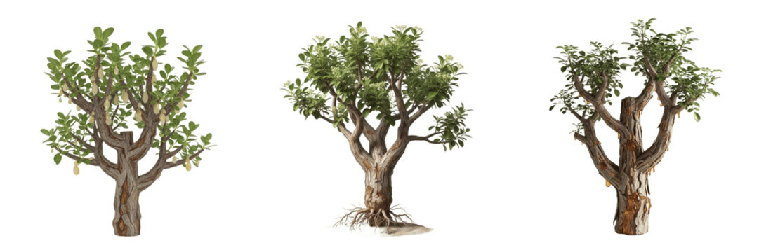 Frankincense plant, Boswellia sacra, Burseraceae family, medicinal desert deciduous tree profile, pinnate compound leaves papery peeling bark aromatic resinous exudate, botanical specimen mapping map