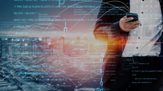 A businessman holds a smartphone against a backdrop of digital code and a city skyline, illustrating the integration of technology and urban business life. Xenic