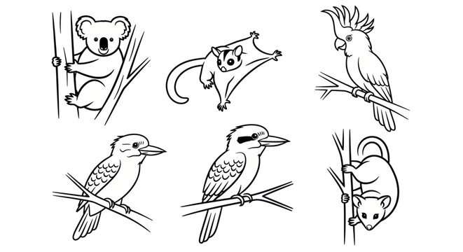 Australian Wildlife Line Art: Koala, Possum, Cockatoo, Kookaburra, Sugar Glider