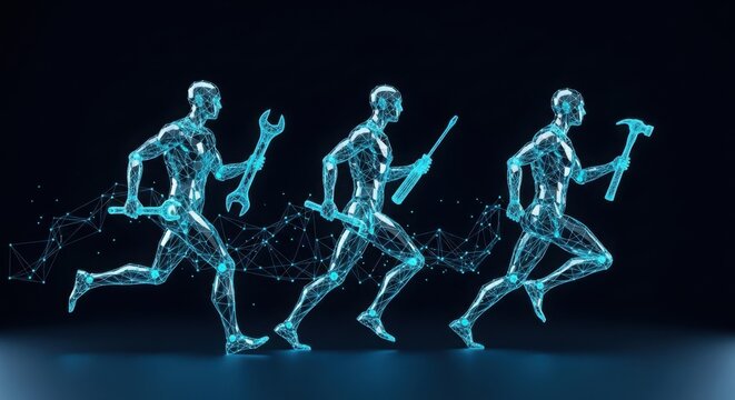 Digital human figures running and holding construction tools illustration