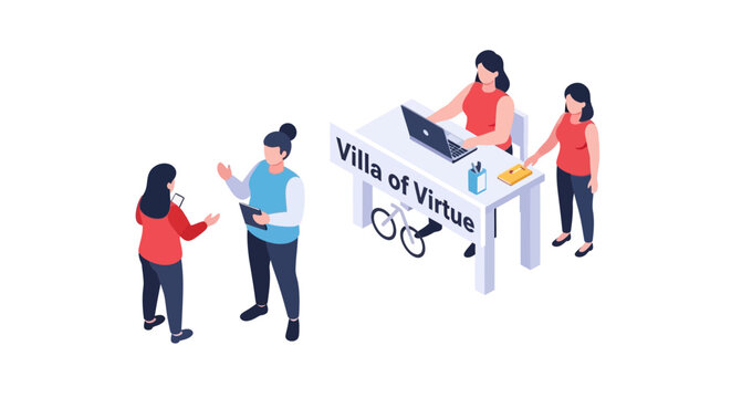 Isometric view of women at a business office desk, Villa of Virtue.