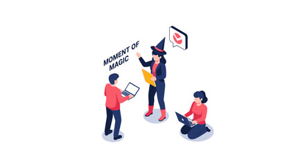 Fototapeta premium Magical Moment - Witch Directing Team with Laptops and Spellbook.