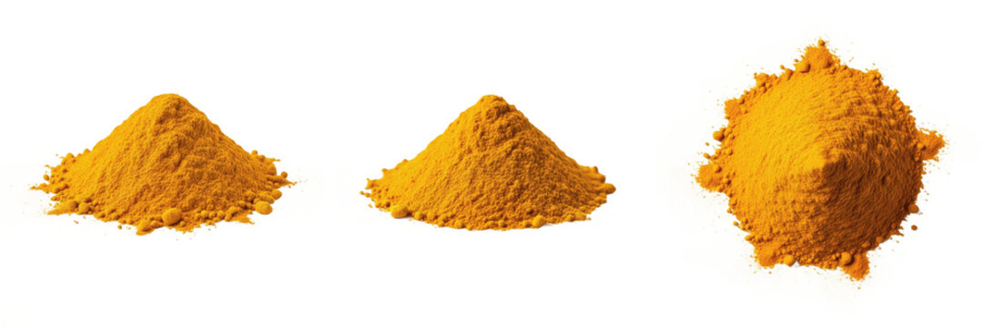 Powdered turmeric, Curcuma longa, Zingiberaceae family, finely milled dehydrated orange-yellow rhizome particulate texture, organic culinary medicinal spice preparation layout, botanical extract asset