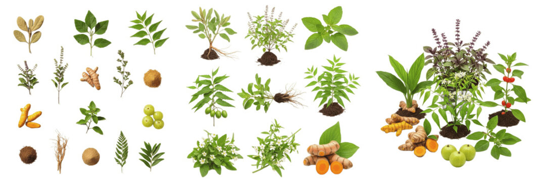 Mixed Ayurvedic plants, diverse traditional Indian botanical taxa, comprehensive assortment of fresh and dried medicinal flora components, holistic natural healing phytology tracking profile layout