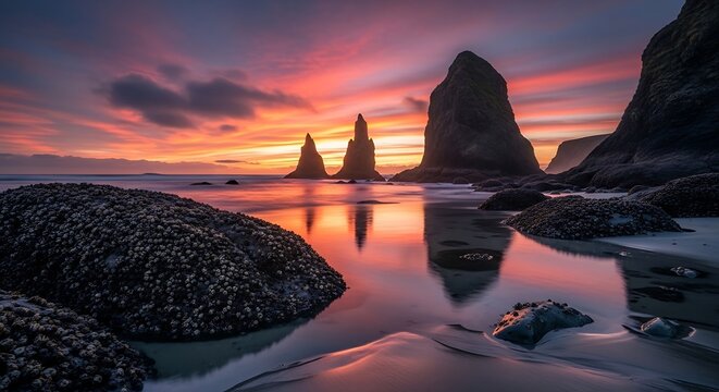 Sunset over Ocean Rocks creates serene landscape with tide pools