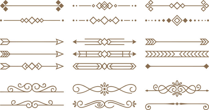 Decorative Geometric and Filigree Divider Set Featuring Arrow Symbols Diamond Shapes and Swirl Flourishes for Elegant Wedding Stationery Certificates and Book Formatting