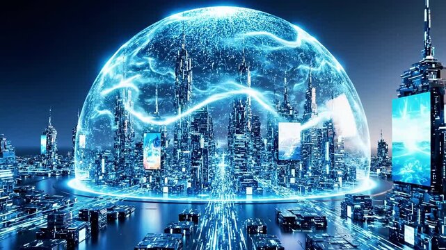 A futuristic cityscape encased in a glowing blue transparent dome with neon lights