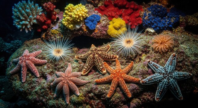 Colorful Starfish and Marine Life on Ocean Floor