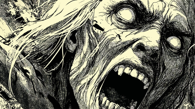 A screaming zombie with glowing eyes.