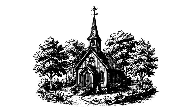 Monochrome country church vector sketch with trees and cross topped steeple illustration