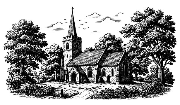 Antique monochrome church engraving vector with rural chapel trees and steeple details