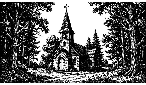 Vintage black and white country church woodcut vector with steeple and trees