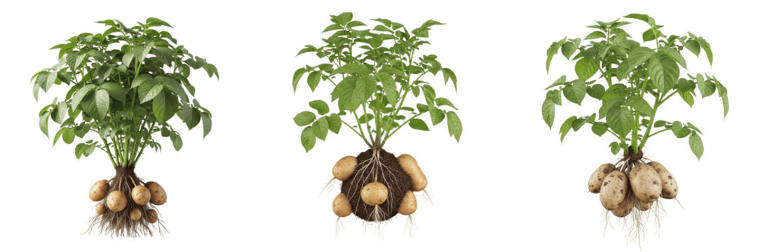 Potato crop plant , potato tubers with green foliage, realistic agriculture image exhibiting botanical characteristics, vascular tissue architecture, chloroplast cell structure, cellular different