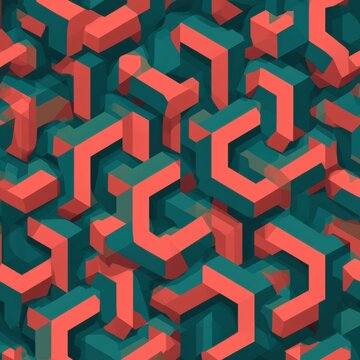 This design displays a geometric pattern featuring a mix of Penrose-inspired tile shapes in coral and teal colors that repeat seamlessly.
