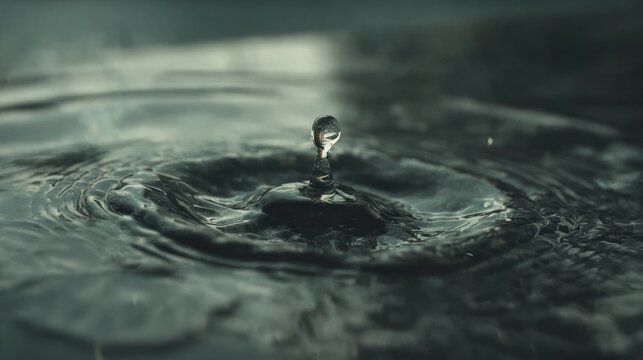 Single liquid droplet rebounds upward from the surface of dark water creating ripples.