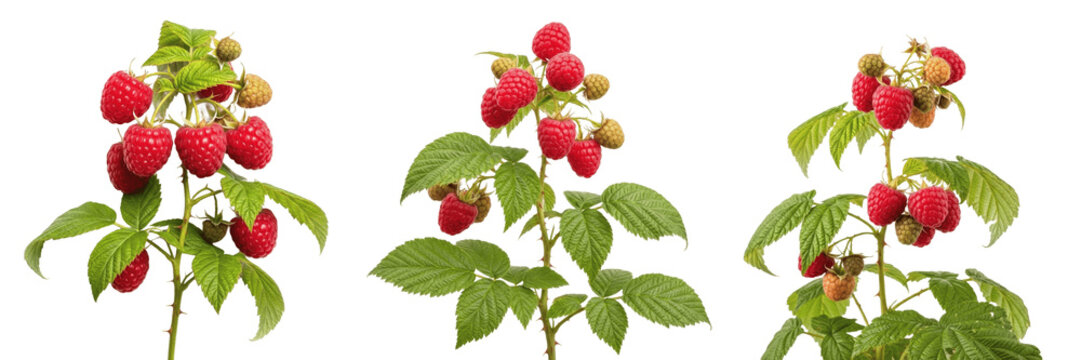 Raspberry crop plant , red raspberries on thorny branch, centered shot exhibiting botanical characteristics, vascular tissue architecture, chloroplast cell structure, cellular differentiation pat