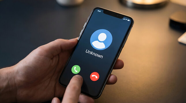 Hand holding smartphone with unknown caller on screen display