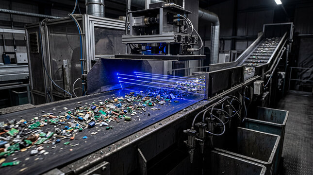 Advanced industrial optical sorting machine processing fine electronic scrap metal particles during automated recycling operation
