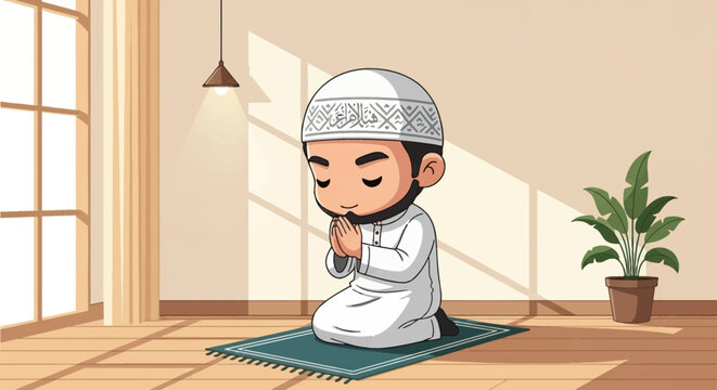 Cute chibi Muslim man wearing a white thobe and patterned kufi cap kneeling on a prayer mat in a sunlit room, performing prayer or supplication with eyes closed in a vector style.