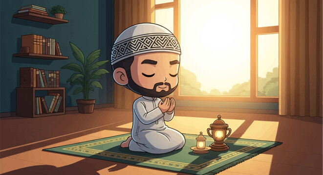 Chibi illustration of a bearded Muslim man kneeling on a green prayer rug in a room, performing supplication with raised hands, window sunlight, lanterns, and bookshelf in background.