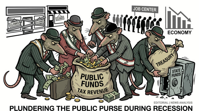 Cartoon illustration of five mice in suits plundering a bag labeled public funds and tax revenue with a briefcase and piggy bank nearby on a white background with economy and job center