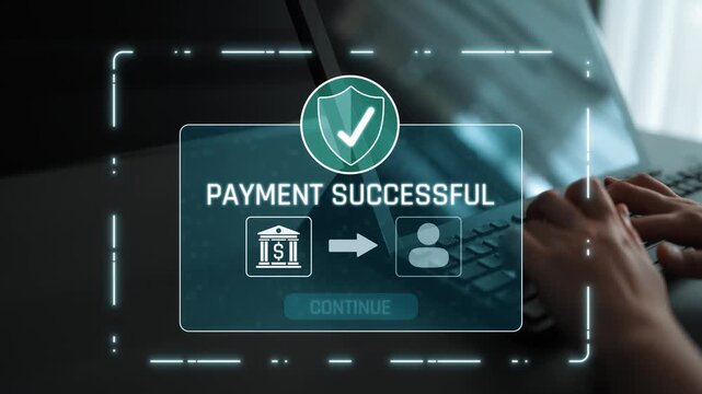 Successful transaction message showing secure payment. Payment confirmed, secured, payment processed, and payment completed with trust and transaction integrity. Marrow