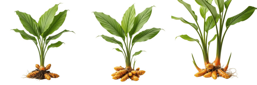 Turmeric crop with turmeric roots and broad leaves rhizome biomass showing plant anatomy, vascular tissue architecture, and structural morphology within a biological reference specimen record file 