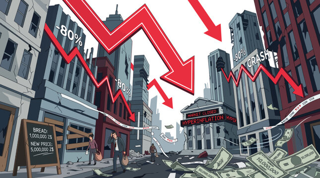 Digital illustration of a city street with falling red graphs and scattered money bills on the ground, conveying a financial downturn in a modern urban setting with a predominantly gray and