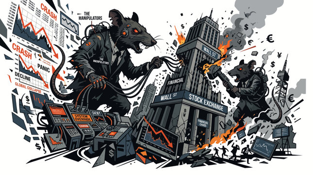 Illustration of a fantasy scene with two creatures destroying a cityscape amidst graphs and charts with a dark and chaotic mood.
