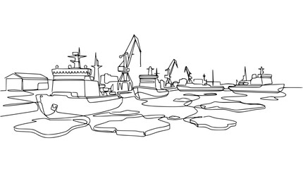 Icebreaker ships and cranes in frozen harbor, continuous line drawing art © Tani