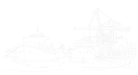 Fototapeta premium Sketch of cargo ships and cranes in a busy port, industrial maritime scene, line art