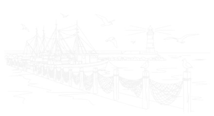 Seascape sketch: sailing ship, lighthouse, fishing nets, seagulls, pier, nautical, vintage style © Tani