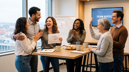 Fototapeta premium Team success celebration group of colleague happy office meeting diverse coworker business team workplace success cheerful smile applause gesture achievement celebration office interior