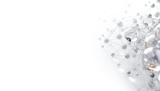 Elegant abstract silver network connection of glowing spheres and particles on a bright white background symbolizing luxury technology clean design with connection abstract particles technology