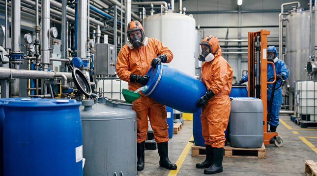 Industrial worker hazardous material safety suit chemical plant blue drum gas mask container handling factory interior protective glove orange coverall storage tank heavy equipment sanitation
