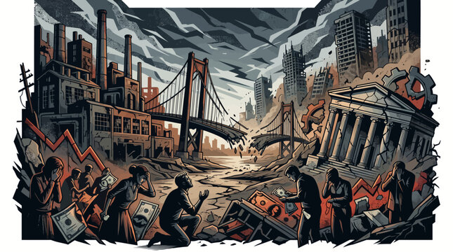 Illustration of a post-apocalyptic cityscape with destroyed buildings, rubble, and debris scattered throughout the streets, with a dark and ominous cloudy sky.