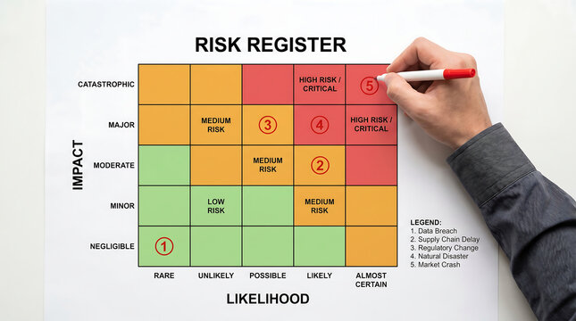 Corporate Risk Register Matrix Assessing Impact and Likelihood of Business Threats for Enterprise Risk Management