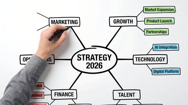 Corporate Strategy 2026 Mind Map Planning Marketing Growth Technology Finance Talent and Operations for Business Execution