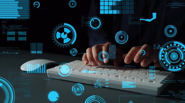 Hands interacting with a keyboard in a high-tech environment, surrounded by blue graphical elements and data visualizations, showcasing modern technology and user engagement. Xenic