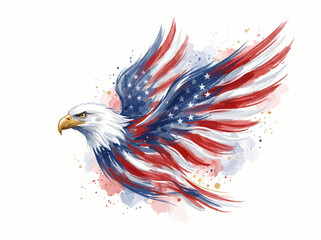 Obraz premium Majestic flying eagle illustration with wings adorned in patriotic stars and stripes watercolor splashes, symbolizing freedom and national pride in vibrant artistic style