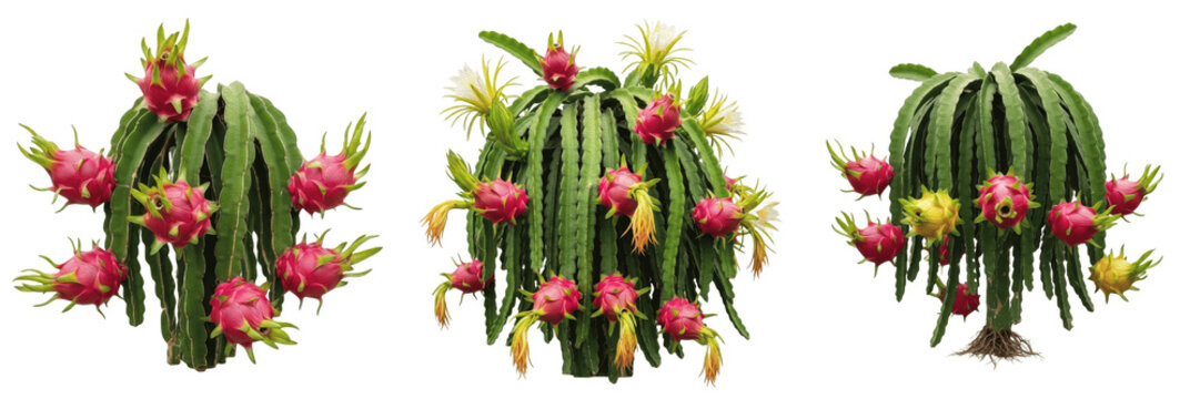 Dragon fruit crop, cactus plant with dragon fruits showing plant anatomy, vascular tissue architecture, and structural morphology within a biological reference specimen record file catalog and taxonom