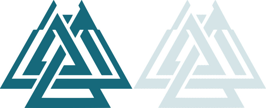 Valknut symbol interlocking triangles in teal and light grey isolated on white background
