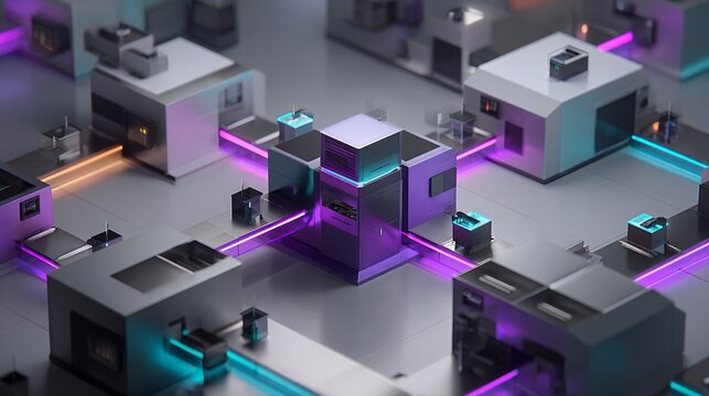 Isometric automated smart factory floor model with robotic machinery and glowing purple and cyan conveyor belt lines