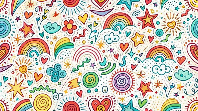 Fun colorful line doodle seamless pattern. Creative minimalist style art background for children or trendy design with basic shapes.