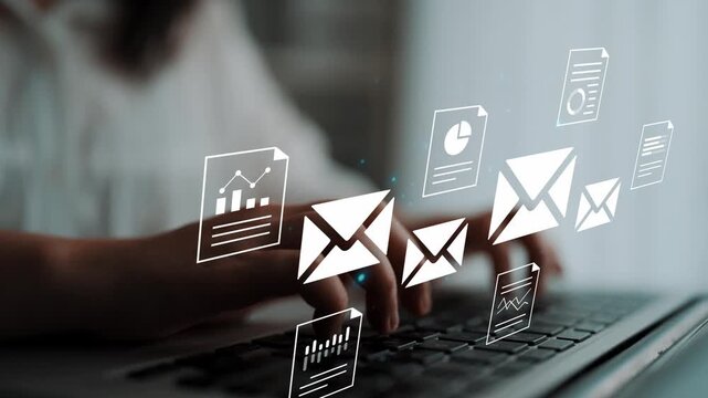 Person typing on laptop with floating email icons and charts representing digital communication and statistical analysis in a modern workspace environment Gluon.