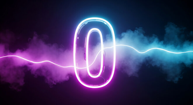 Futuristic glowing zero number with electric light waves background