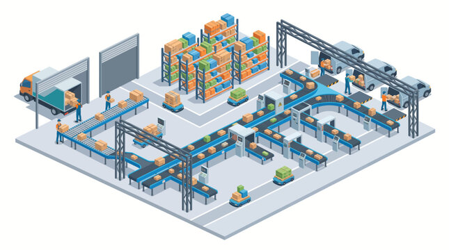 Industrial factory warehouse with conveyor belts.